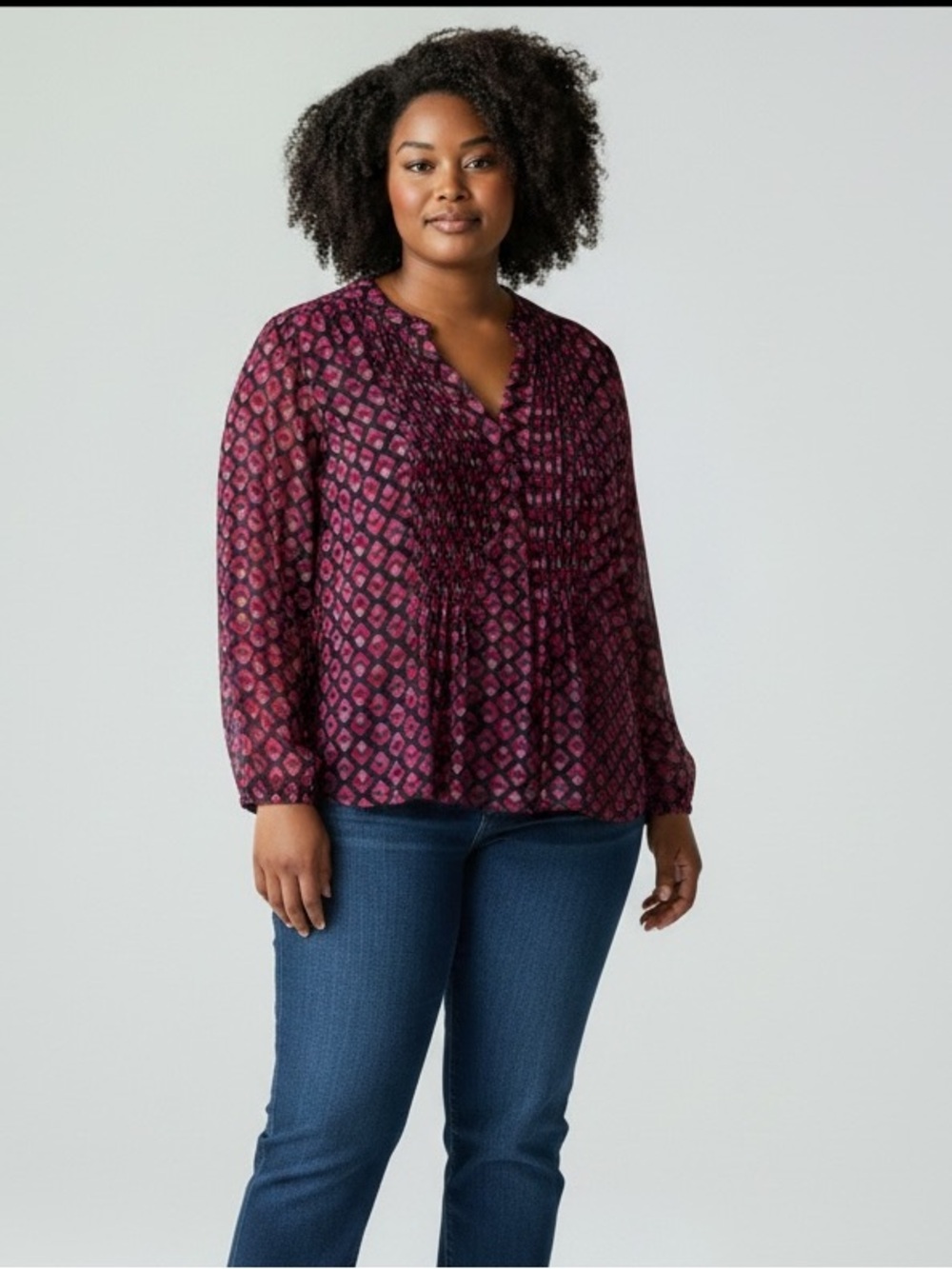 Terra & Sky Pink Geometric V-Neck Long-Sleeve Blouse size 1X NWT